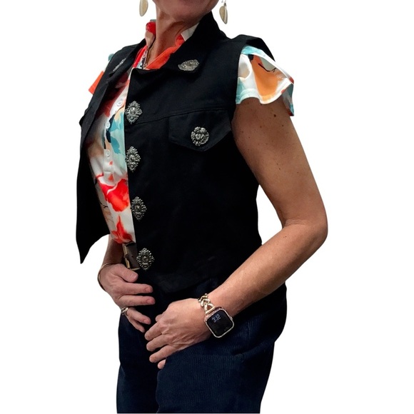 Vintage Watch LA Black Denim Festival Western Biker Y2K Vest with Silver Accents - Picture 3 of 14